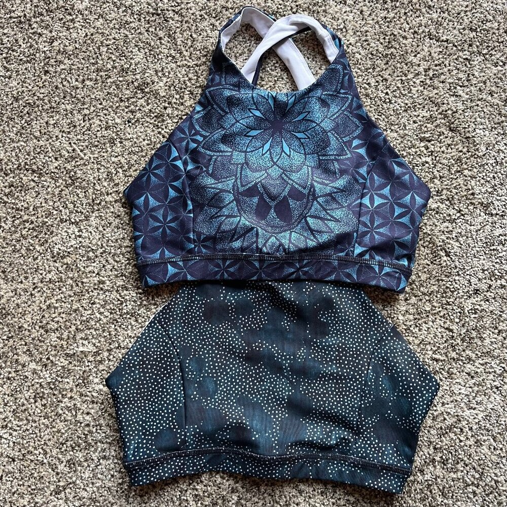 Bundle. Apron sports bra crop top, small, blue, racer back, yoga